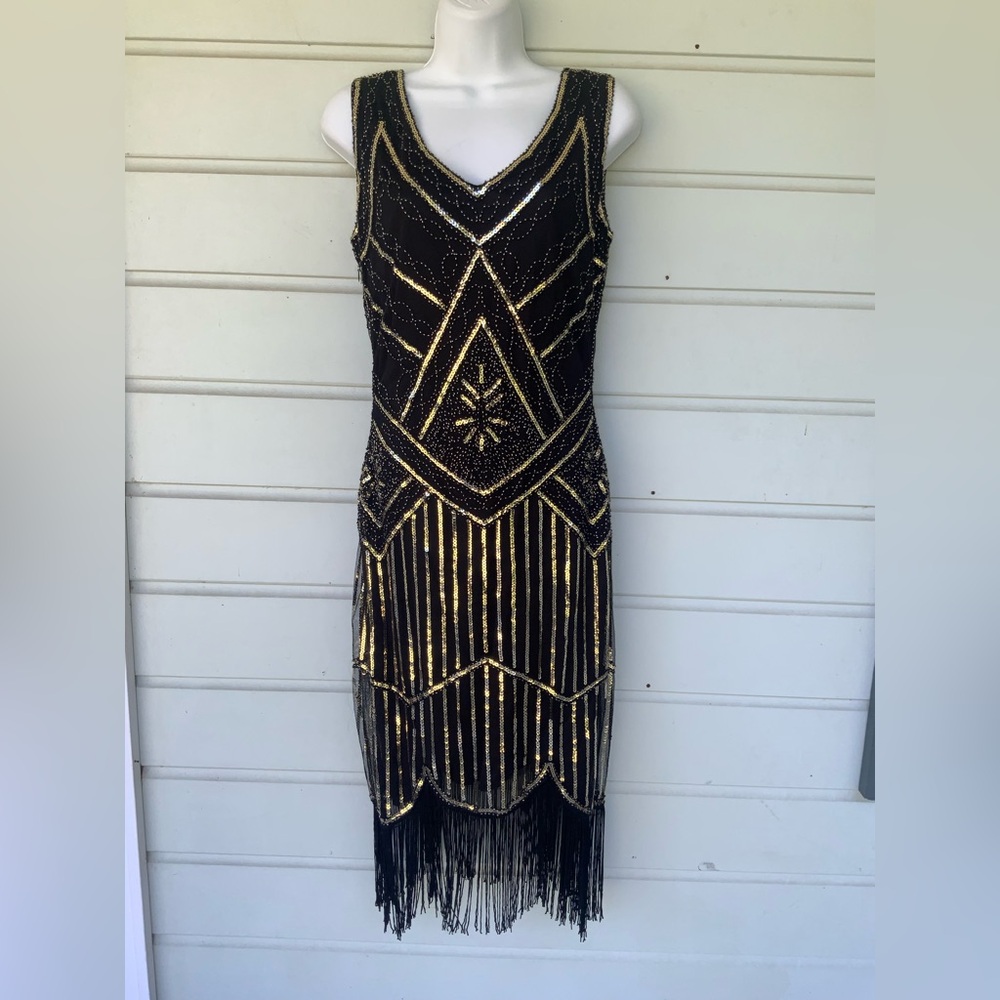 Vintage-Inspired Black & Gold Beaded Fringe Midi Flapper Cocktail Dress Sz M